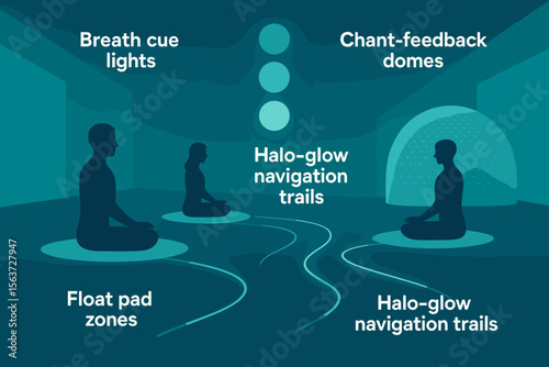 Futuristic meditation space with glowing trails, cue lights, and feedback domes