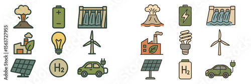 Energy symbols and illustrations showcasing renewable sources and environmental concerns across various industries