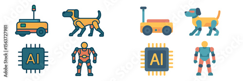 Various illustrations of robots and artificial intelligence concepts showcasing different designs and functions in a modern technological environment