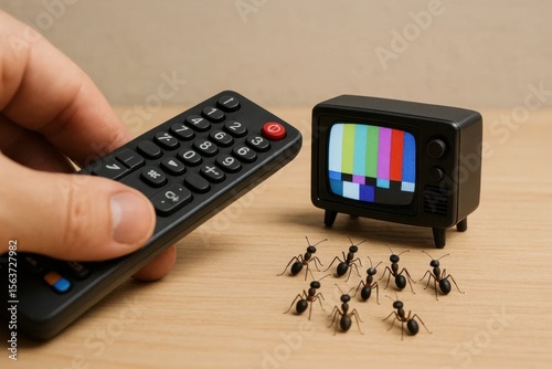 A hand holding a remote control in front of a group of ants