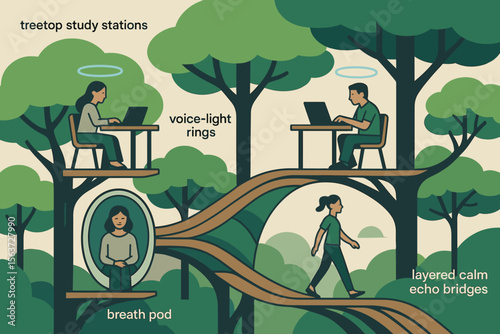 Modern study stations in treetops with individuals working on laptops, a breath pod for relaxation, and voice-activated light rings, connected by peaceful echo bridges in a tranquil forest setting.