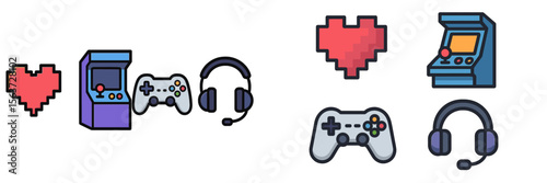 Design elements showcasing video game culture through gaming consoles, headsets, and hearts as symbols of passion
