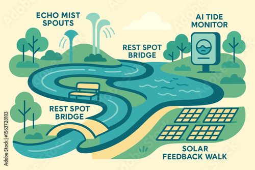 Futuristic park design with solar panels, AI tide monitor, echo mist spouts, and rest spot bridges along a river walk.