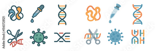 Illustrations of scientific concepts related to DNA manipulation and biotechnology tools in a clean and colorful style