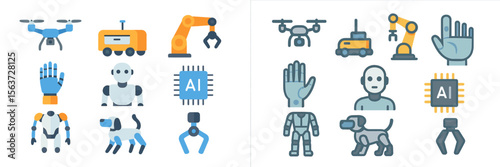 Collection of robotic and artificial intelligence icons showcasing various technologies and advancements in automation and robotics