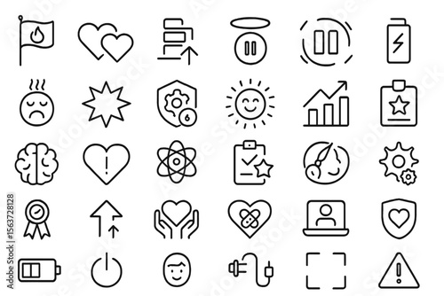 A collection of icons related to well-being, mental health, productivity, and self-care, with symbols for emotional health, work-life balance, battery levels, energy, and stress management.