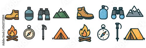 Hiking gear and outdoor essentials represent adventure, exploration, and camping opportunities in nature