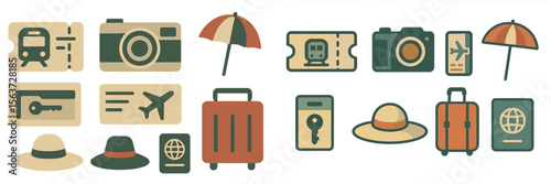 Travel essentials and symbols representing adventures, journeys, and exploration activities around the world
