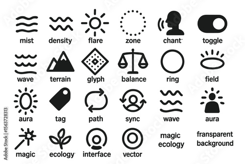 A set of vector icons depicting environmental, magical, and interface elements, including symbols for mist, terrain, wave, ecology, aura, and various abstract concepts