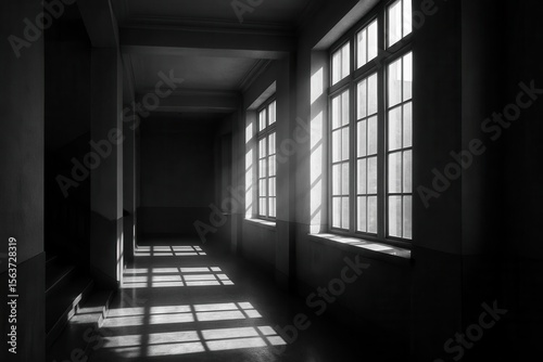 A dark room with two windows and a light coming through them