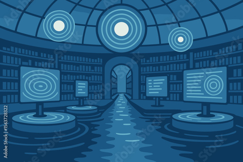 A futuristic library with digital screens floating on circular platforms in a serene water path, illuminated by glowing orbs above