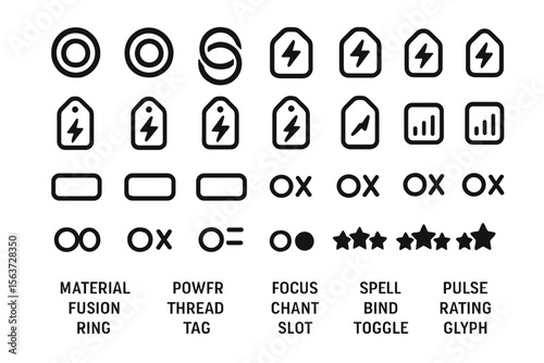 Dark RPG interface icons with power tags, fusion rings, and glyph ratings