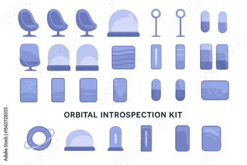 Set of futuristic icons for an orbital introspection kit, including pods, light stands, tablets, and other introspective equipment.