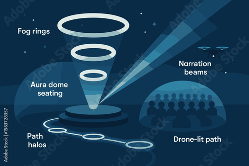 Futuristic show with fog rings, drone-lit path, and immersive audience experience.