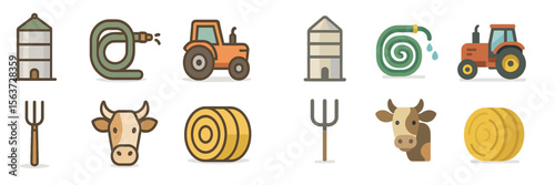 Various agricultural tools and animals displayed in a colorful design for farm-related themes and projects