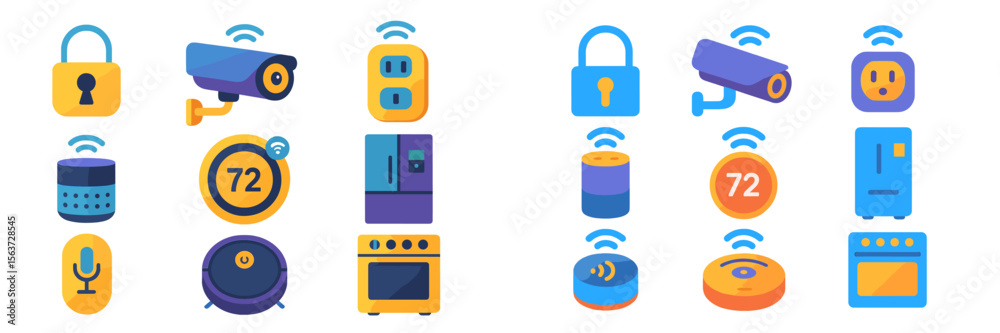 Fototapeta premium Smart home icons featuring security, appliances, and control systems for modern living