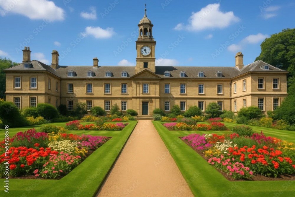Fototapeta premium A large building with a clock tower in the middle of a garden
