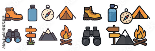 Exploring nature with essential camping gear and outdoor symbols for adventurers in scenic wilderness