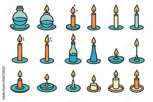 Set of 16 illustrations featuring candles in various holders including glass bottles, tall candlesticks, and shallow dishes, all with glowing flames.