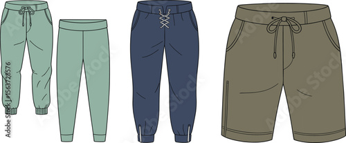 Jogger pants and shorts technical fashion flat sketch, vector template, comfortable loungewear design for sportswear, casual, and active style.

 flat vector illustration