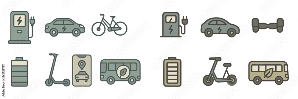 Naklejka premium Electric transportation icons illustrating modern mobility solutions for urban environments and sustainable commuting options