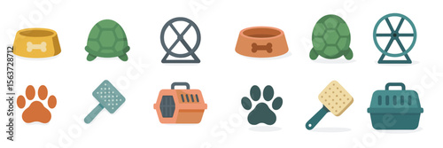 Collection of pet supplies and accessories featuring bowls, toys, and carriers for small animals in a colorful design