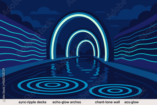 A futuristic waterway with glowing arches and wave-like light patterns on the surrounding walls, creating a serene, illuminated environment.