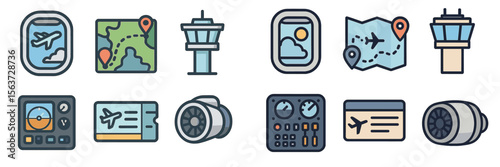 Colorful collection of travel and aviation icons illustrating the journey from departure to arrival at the destination