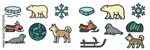 Animals and winter elements in an icy landscape featuring seals, polar bears, and sledding activities