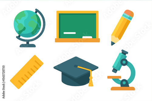 Educational tools including a globe, chalkboard, pencil, ruler, graduation cap, and microscope arranged on a white background
