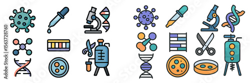 Scientific symbols and tools representing microbiology and genetic research in a colorful graphic design