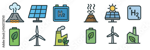 Renewable energy and sustainable technology icons illustrating green initiatives and environmental awareness with various energy sources