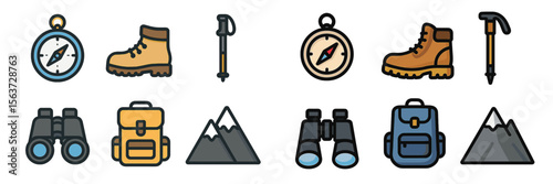 Outdoor adventure gear for hiking and exploration with boots, backpacks, and navigation tools