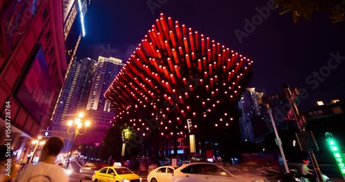Explore the colorful architecture of Chongqing Art Museum illuminated at night