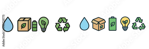 Illustration showing eco-friendly symbols promoting recycling and sustainability with water, battery, and light bulb icons