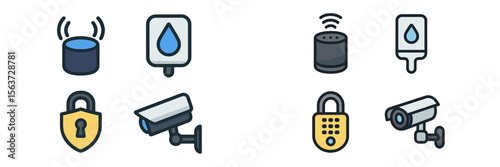 Smart home technology icons depicting security and automation devices for enhanced living environment
