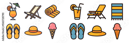 Summer vacation icons featuring drinks, beach chairs, and accessories for relaxation by the seaside
