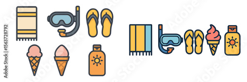 Summer beach essentials including snorkeling gear, towels, ice cream cones, and sunscreen at a sunny beachside location