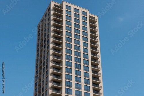 A tall building with many windows against a blue sky