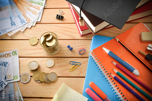 Concept cost of school supplies with material and money