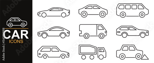 Clean and simple car icons, including a variety of vehicles such as sedans, SUVs, and delivery vans.