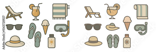 Summer vacation essentials featuring beach items like drinks, towels, and sunglasses for a perfect day in the sun