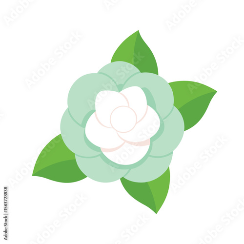 Fragrant gardenia flower with creamy petals and glossy leaves for romantic compositions Vector illustration on white background