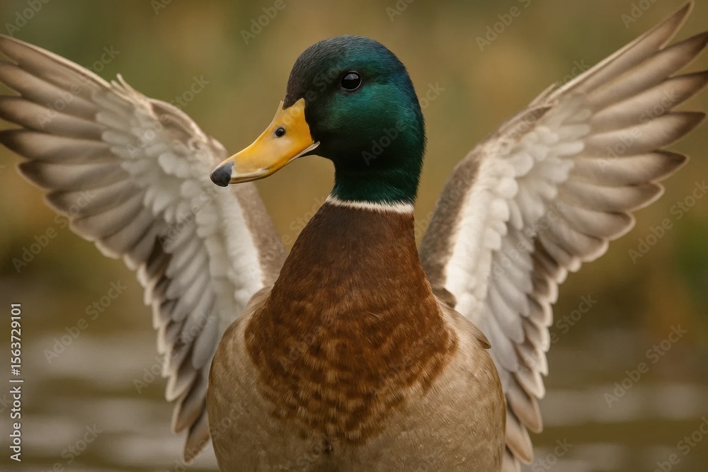 Obraz premium A duck with its wings spread out in the water