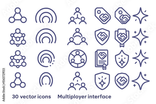 A set of 30 vector icons representing multiplayer interface elements, such as network connections, user groups, agreements, and security symbols.