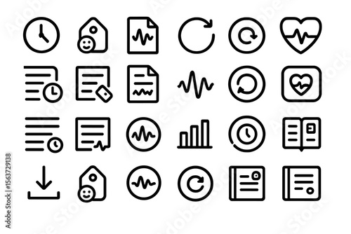 Set of sleek line icons representing time tracking, health metrics, logs, file management, heartbeat, charting, and more for modern interfaces.
