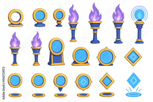 Stylized collection of glowing mirrors, torches, and mystical symbols with blue and gold accents.