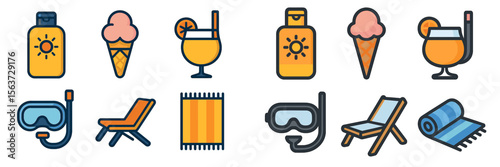 Sunny beach essentials for a perfect summer day by the shore with ice cream and refreshing drinks