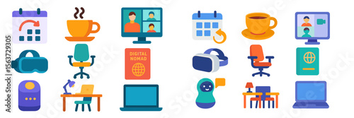 Digital nomad workspace concept featuring virtual meetings, technology, and creative tools for remote workers