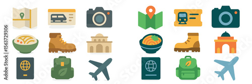 Collection of travel-related icons showcasing exploration, photography, and cultural experiences for adventurous travelers
